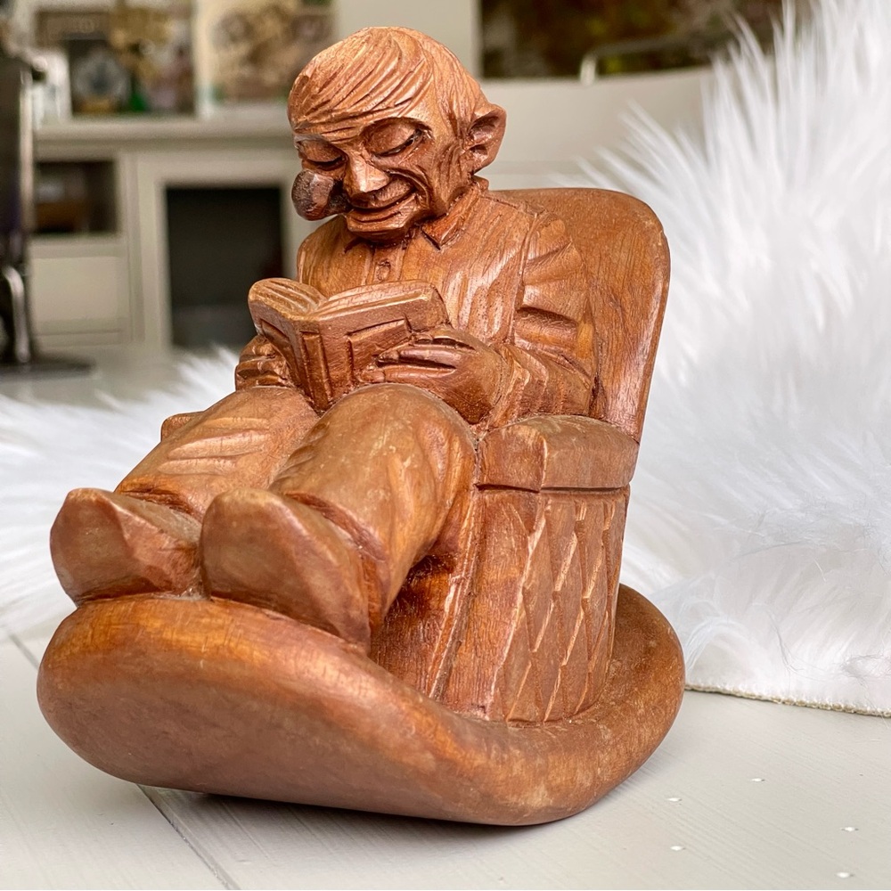 J. PINAL | VTG |Mexico Carved Wood Figure Man In Rocking Chair Book